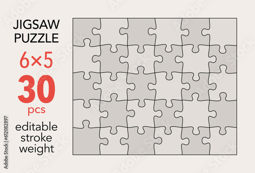 Empty jigsaw puzzle grid template, 6x5 shapes, 30 pieces. Separate matching puzzle elements. Flat vector illustration layout, every piece is a single shape.