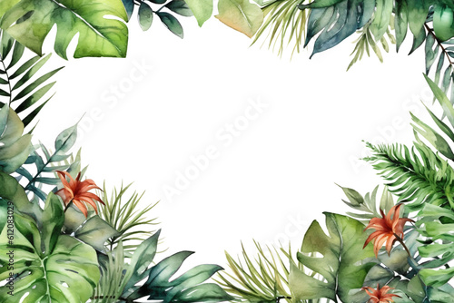 borders with greenery like Philodendron framing an empty text space in watercolor design isolated against transparent