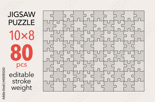 Empty jigsaw puzzle grid template, 10x8 shapes, 80 pieces. Separate matching puzzle elements. Flat vector illustration layout, every piece is a single shape.