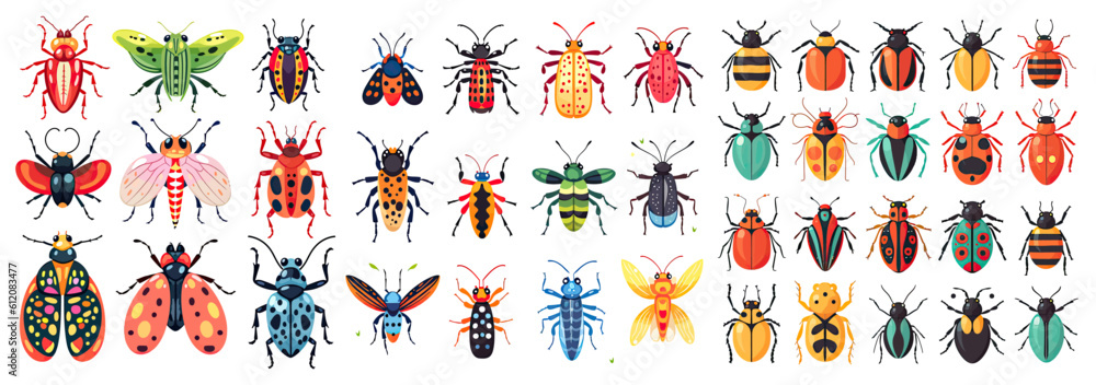 big set of insects bugs beetles and bees - obrazy, fototapety, plakaty 