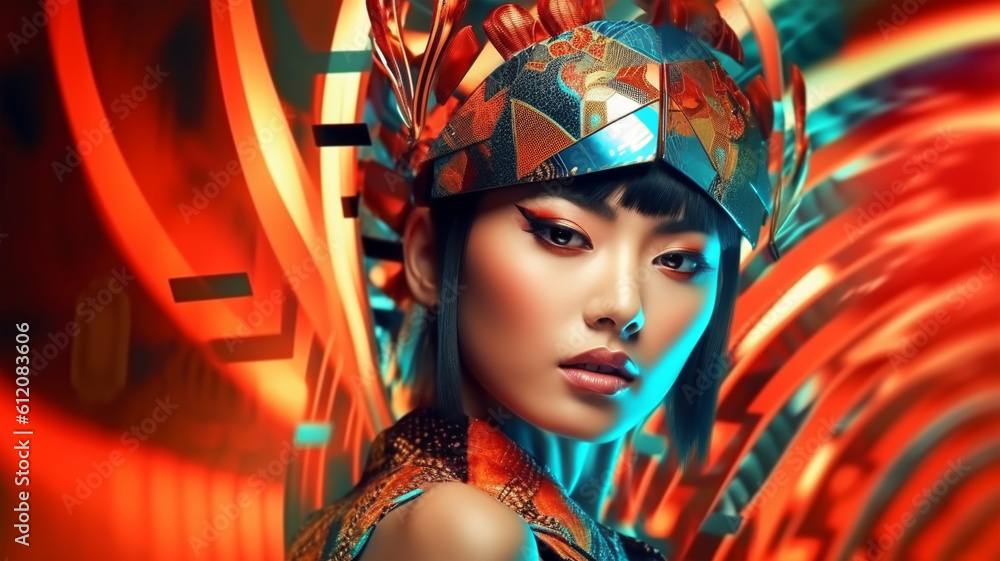 Beautiful Asian model in magenta background, futuristic style, neon, for posters banners Beautiful Asian model in magenta background, futuristic style, neon, for posters banners