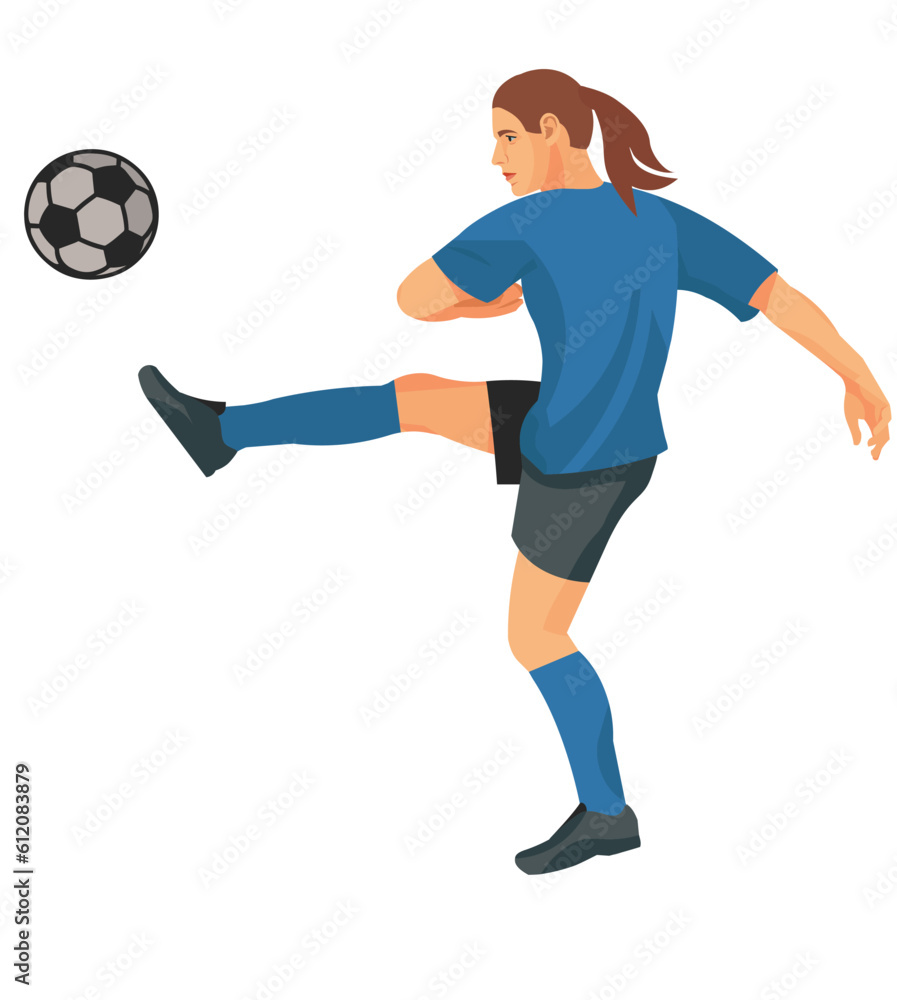 Isolated vector girl figure of a women's football player in profile in a blue uniform hitting the ball on a white background