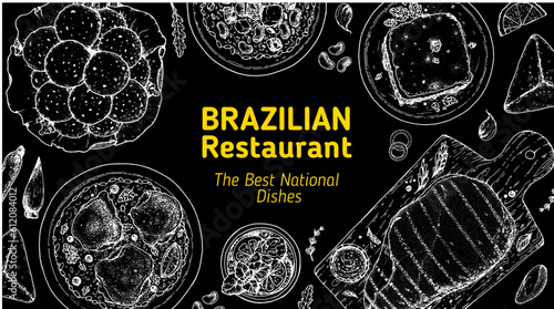 Brazilian food top view vector illustration. Food menu design template. Hand drawn sketch. Brazilian food menu. Traditional Brazilian cuisine. Pao de quejo, Galinhada, Escondidinho, Baiao de dois