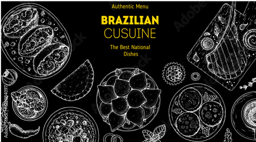 Brazilian food top view vector illustration. Food menu design template. Hand drawn sketch. Brazilian food menu. Traditional Brazilian cuisine. Acaraje, Pastel, Baiao de dois, Coxinhas, Empadinha