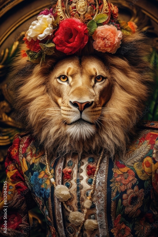Portrait of a lion, floral suit, generated with Ai technology Portrait of a lion, floral suit, generated with Ai technology