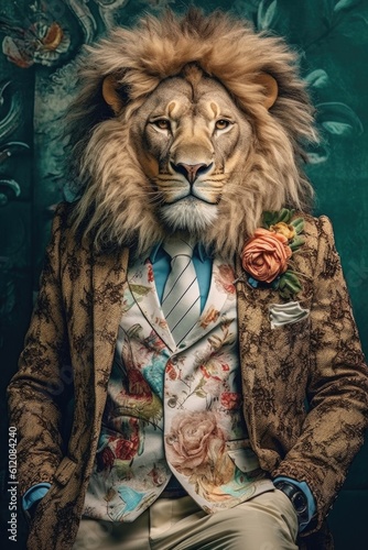 Portrait of a lion  floral suit  generated with Ai technology