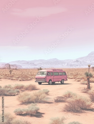 Illustration of Van in the desert  vintage colors  pink and blue tones  generated with Ai technology