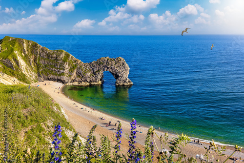 Panoramic view of the beautiful Durdle Door beach at Dorset, England, during spring time