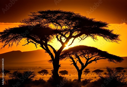 an African savannah at sunset. golden hue of the setting sun  silhouetted acacia trees  and the expansive landscape. 