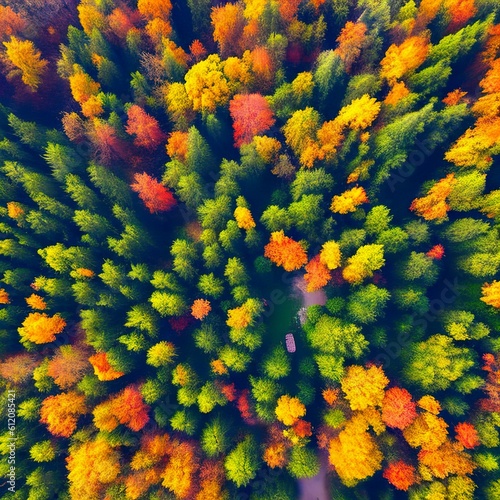 Serene forest  with trees adorned in vibrant summer colors aerial. AI generated