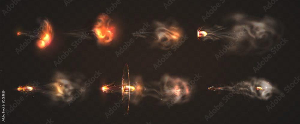 Realistic 3d flying bullets with smoke trace. Gun flashes with fire sparkles isolated on transparent background. Firearm projectiles, blast motion. Pistol shots clouds, muzzle shotgun explosion. - obrazy, fototapety, plakaty 