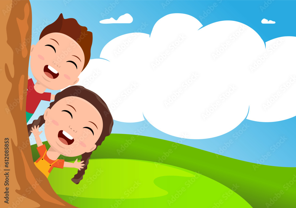 Naklejka premium nature garden outside sunny day trees happy little kids playing cute design