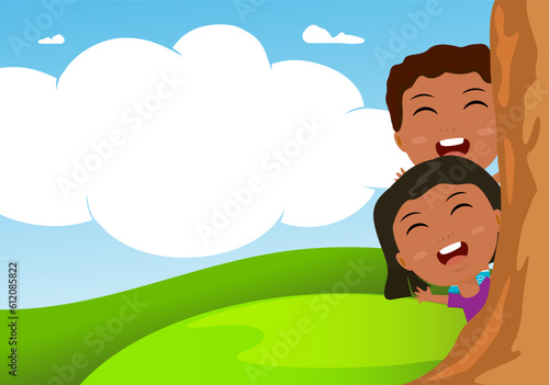 nature garden outside sunny day trees happy little kids playing cute design