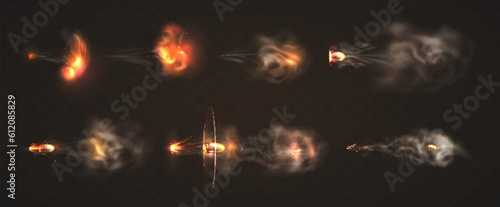 Realistic 3d flying bullets with smoke trace. Gun flashes with fire sparkles isolated on transparent background. Firearm projectiles, blast motion. Pistol shots clouds, muzzle shotgun explosion.