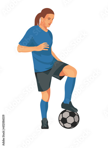 Vector isolated female figure of a women's football player in blue t-shirt standing in a half-turn placing her foot on the ball