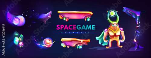 Cartoon cosmic game graphic elements for computer or mobile gui design. Platforms, asteroids, neon astronaut and flying crystal rocks. Space background with spaceman, stages and planets. Cosmic set.