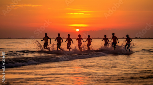 silhouette  silhouettes of young teenager children running on the sandy beach in waves at the sea in the water