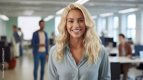 young adult caucasian woman with blonde long hair in the office, desks and computer screens, work and job