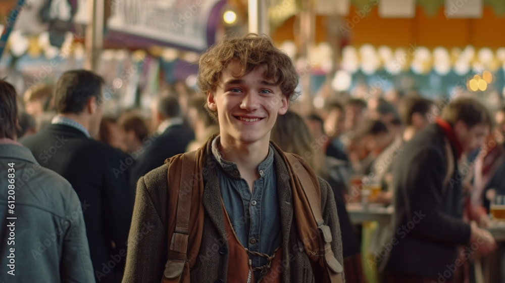 young adult man wears a traditional costume, happy and content, having fun at a city festival or oktoberfest, many people in the background, crowd, festivities