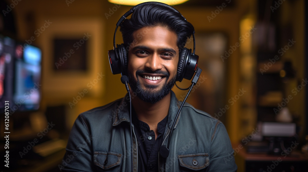 indian young adult man, home office or office, working, job and occupation, online or remote, headset, talking on the phone, call center or customer meeting indian young adult man, home office or office, working, job and occupation, online or remote, headset, talking on the phone, call center or customer meeting