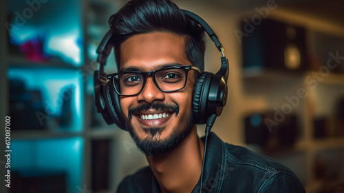 indian young adult man, home office or office, working, job and occupation, online or remote, headset, talking on the phone, call center or customer meeting