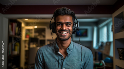 indian young adult man, home office or office, working, job and occupation, online or remote, headset, talking on the phone, call center or customer meeting © wetzkaz