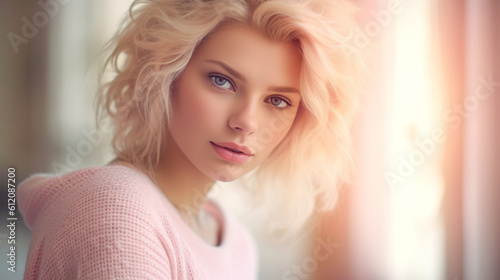 young adult woman, blonde, medium-length hair, summer shirt, portrait, caucasian