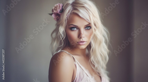 young adult woman, blonde, long hair, summer shirt, portrait, caucasian