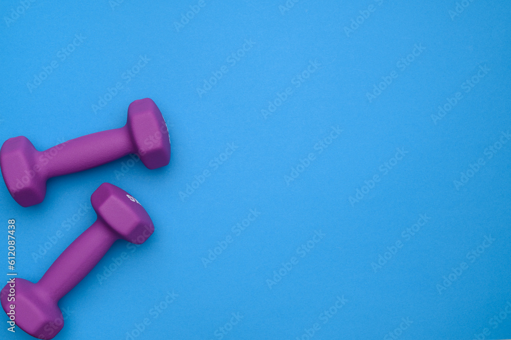 The layout of two rubberized dumbbells of 2 kg of purple color on a blue background, top view.Sports training The layout of two rubberized dumbbells of 2 kg of purple color on a blue background, top view.Sports training
