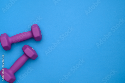 The layout of two rubberized dumbbells of 2 kg of purple color on a blue background, top view.Sports training