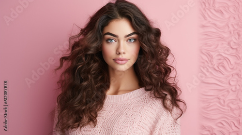 young adult beautiful brunette woman wears a pink pastel style sweater, beauty pretty and comfortable clothes, portrait, front view, close-up © wetzkaz