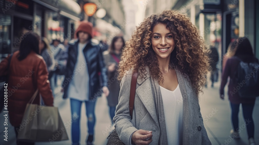 young adult woman wearing a coat, in a shopping street in a city, fictional place, good mood and fun and joy, contentment, weekend or free time, strolling through town or shopping