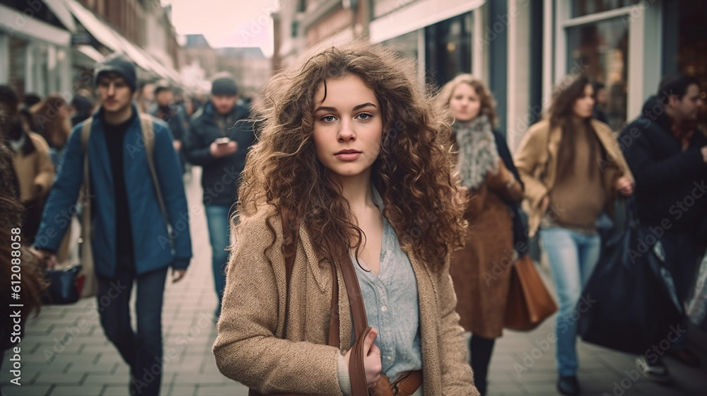 young adult woman wearing a coat, in a shopping street in a city, fictional place, good mood and fun and joy, contentment, weekend or free time, strolling through town or shopping