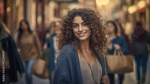 young adult woman wearing a coat, in a shopping street in a city, fictional place, good mood and fun and joy, contentment, weekend or free time, strolling through town or shopping #612088035