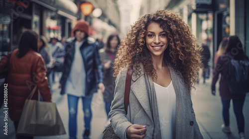 young adult woman wearing a coat, in a shopping street in a city, fictional place, good mood and fun and joy, contentment, weekend or free time, strolling through town or shopping #612088042