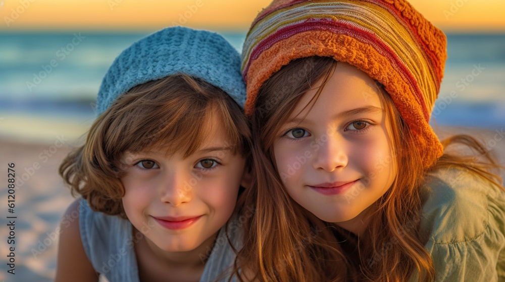 kids on the beach, happy childhood, making friends, multicultural, fictional location