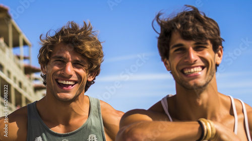two young joyful men on the beach, touristic, tourists having fun, fictional place © wetzkaz
