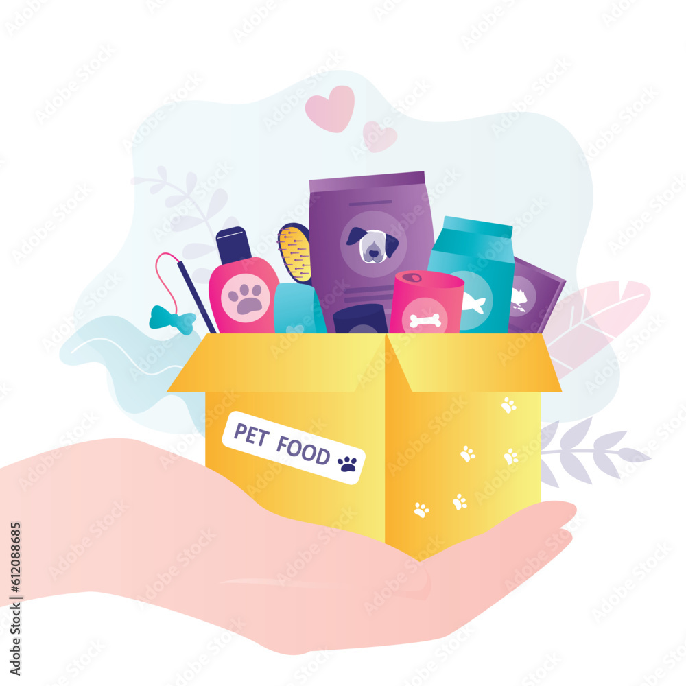 Activist hand holding box of food and accessories for pets. Volunteering and assistance to animals. Volunteer holds feed for homeless dogs and cats. Nutrition in big package. Activist hand holding box of food and accessories for pets. Volunteering and assistance to animals. Volunteer holds feed for homeless dogs and cats. Nutrition in big package.