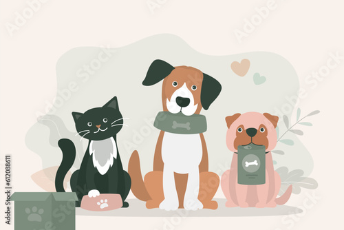 Adorable pets holding empty bowls. Volunteering and assistance to animals. Food donation for pets. Feed for homeless dogs and cats. Nutrition in big package.