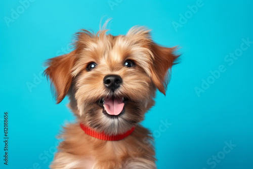 Portrait of a beautiful happy dog isolated on blue background. High quality photo Generative AI