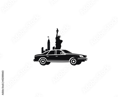 black silhouette of a classic car on the background of skyscrapers and the statue of liberty. Vector illustration