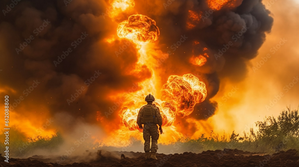 a soldier in the middle of a war zone, war with fire and flames and explosions, soldier in uniform with helmet, ruins and destruction