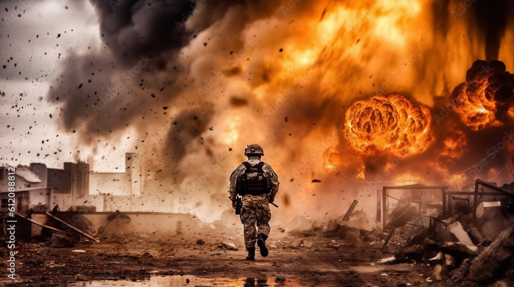 a soldier in the middle of a war zone, war with fire and flames and explosions, soldier in uniform with helmet, ruins and destruction