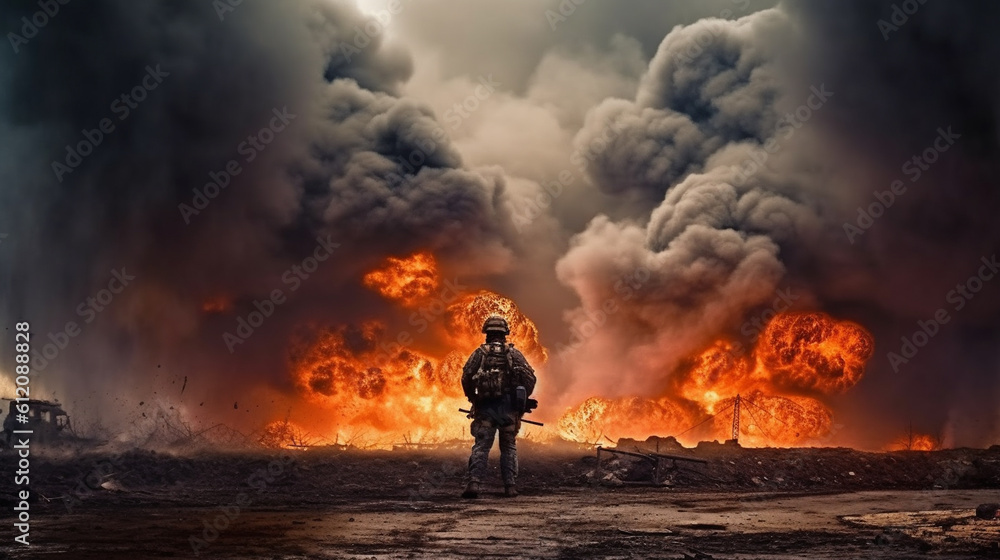 Obraz premium a soldier in the middle of a war zone, war with fire and flames and explosions, soldier in uniform with helmet, ruins and destruction
