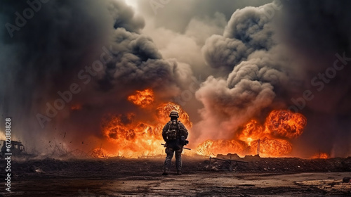 a soldier in the middle of a war zone, war with fire and flames and explosions, soldier in uniform with helmet, ruins and destruction