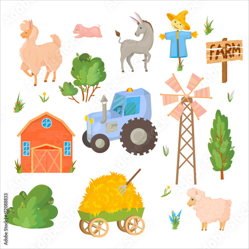 Donkey, Llama or Alpaca, Sheep, Pig. Tractor. Farm animals and buildings. Hay. Tractor. Barn. Cattle breeding Vector illustration isolated on white background.