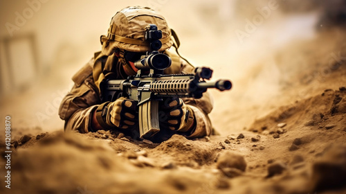 a soldier with helmet and rifle, machine gun with telescopic sight, soldier's uniform, lies, waiting covered and hidden