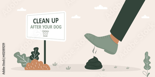 Man foot stepping into dog poop. Pet shit in public place. People step on poo. Forbidden placard - clean up after your dog. Unpleasant surprise, unexpected problems, bad day, shit happens