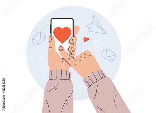 Hand hold phone and share like button concept. Vector graphic design illustration