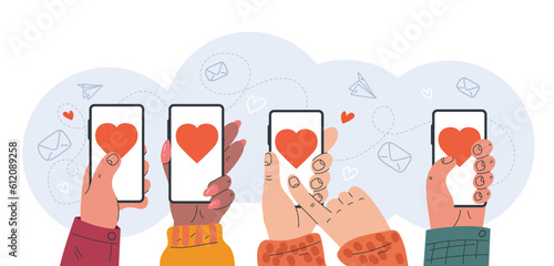 Hand hold phone and share like button concept. Vector graphic design illustration
